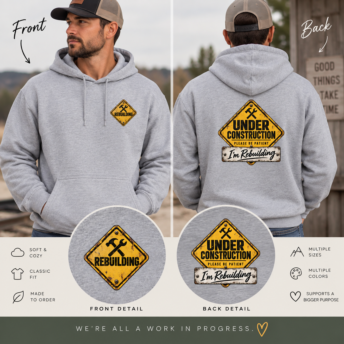 Under Construction — Unisex Hoodie | I’m Rebuilding — Roots Recovery Housing