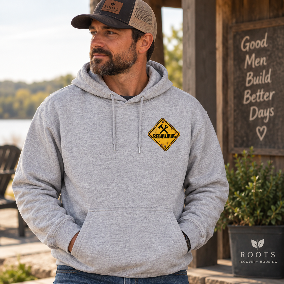 Under Construction — Unisex Hoodie | I’m Rebuilding — Roots Recovery Housing