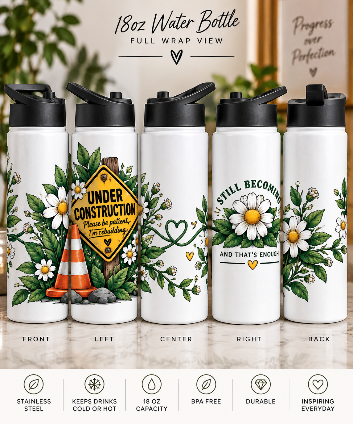 Under Construction — 18 oz Stainless Steel Water Bottle | Still Becoming — Roots Recovery Housing