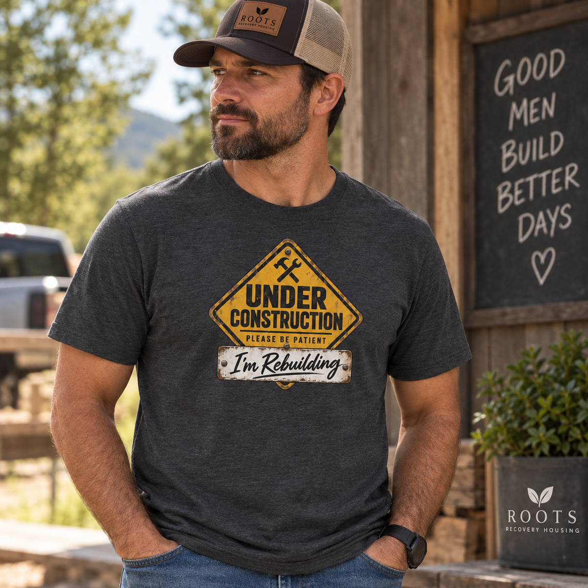 Under Construction — Unisex Tee | I’m Rebuilding — Roots Recovery Housing