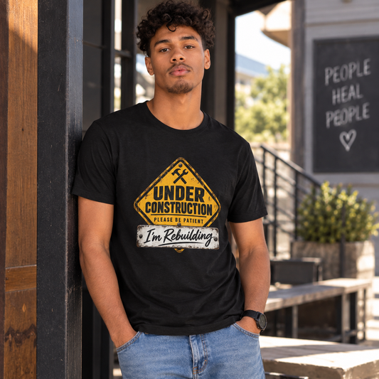 Under Construction — Unisex Tee | I’m Rebuilding — Roots Recovery Housing